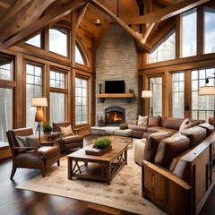 Inviting living room with a timber frame accent wall and cozy furnishings