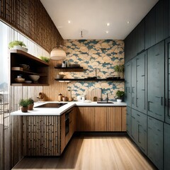 Compact and functional kitchen space adorned with Japan sea wallpaper and wooden textures