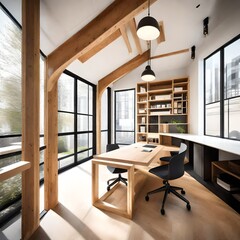 Compact and stylish workspace with timber frame details and natural light