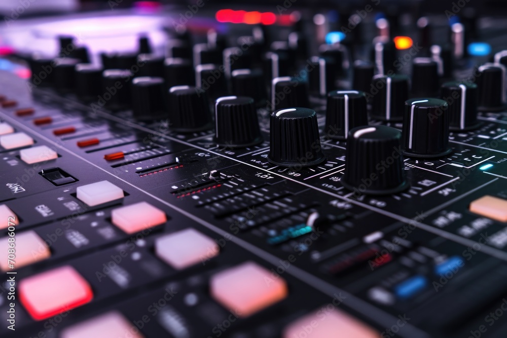 Poster a detailed close-up view of the knobs on a mixing board. this image can be used to depict audio engi