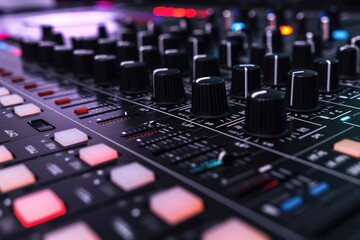 A detailed close-up view of the knobs on a mixing board. This image can be used to depict audio engineering, music production, or sound mixing.