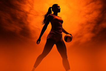 Fototapeta na wymiar Photorealistic silhouette image of a volleyball player, dramatic orange lighting