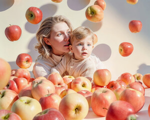 Fototapeta na wymiar Motherhood in an Apple Oasis: Woman and Toddler Adrift in a Sea of Apples, Symbolizing Maternal Bond and Natural Abundance