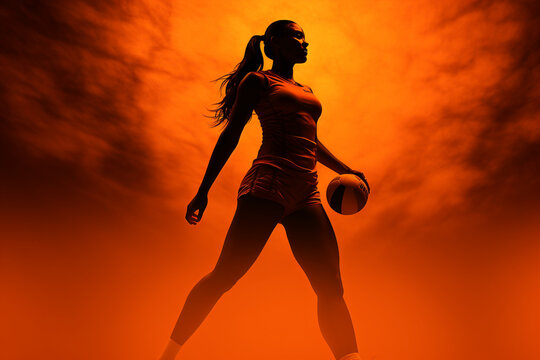 Photorealistic silhouette image of a volleyball player, dramatic orange lighting