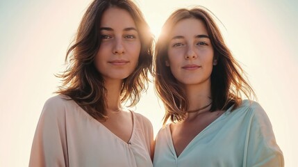 Mother and daughter with striking family resemblance, concept of genetic likeness and maternal bond at sunset