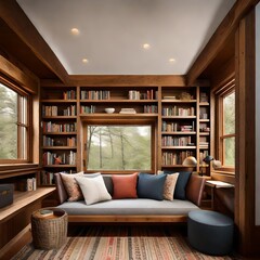 Fototapeta na wymiar Cozy reading nook with a timber frame bookshelf and comfortable seating