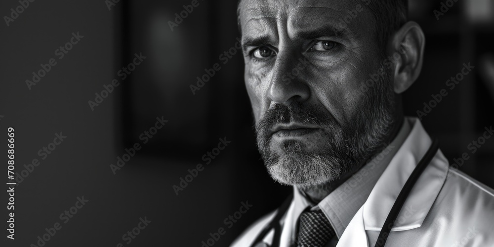 Poster a black and white photo of a man wearing a lab coat. this picture can be used to depict a scientist,