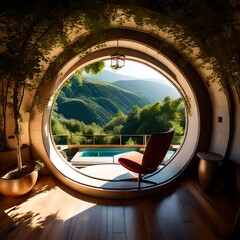 Round window nook with a cushioned seat overlooking a lush landscape