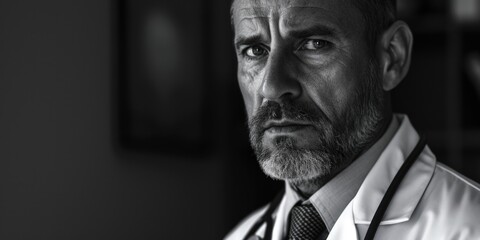 A black and white photo of a man wearing a lab coat. This picture can be used to depict a scientist, researcher, or professional working in a laboratory setting