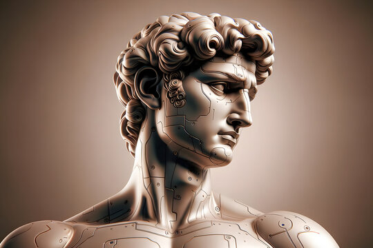 David Statue Bust Of Miguel Angel As If It Were A Cybernetic Robot. Concept Of Ancient And Modern Wisdom