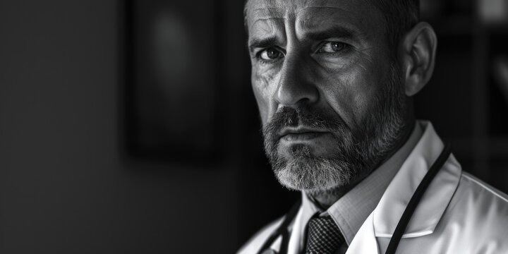 A black and white photo of a man wearing a lab coat. This picture can be used to depict a scientist, researcher, or professional working in a laboratory setting