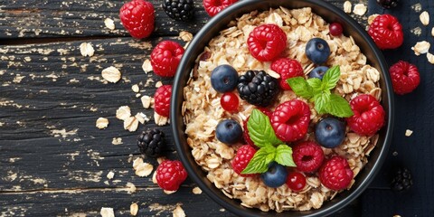 A delicious bowl of oatmeal topped with fresh berries and garnished with mint leaves. Perfect for a healthy breakfast or brunch option