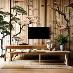 Serene Japan sea wallpaper in a cozy living room with organic wood accents