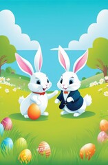 Obraz na płótnie Canvas Eggs hunt. Two rabbits hunting Easter eggs on spring field. Holiday illustration of cute cartoon bunnies playing on spring meadow, light green grass, blue sky background