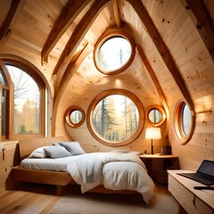 Cozy bedroom with soft lighting and circular windows in a timber frame tiny house