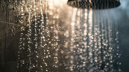 A close-up image of a shower head with water flowing down. Suitable for bathroom or plumbing related concepts - obrazy, fototapety, plakaty