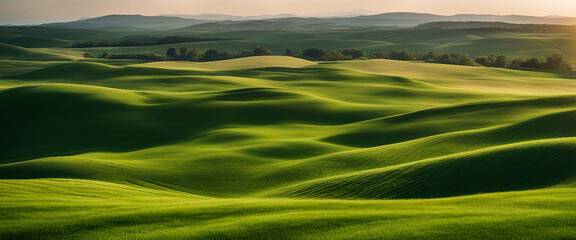 Green meadow meanders into wheat field horizon. Corn field in rural Flanders produced by AI.