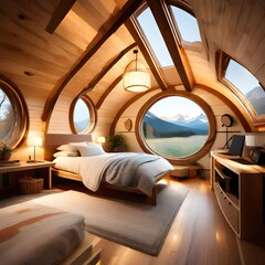 Fototapeta premium Cozy bedroom with soft lighting and circular windows in a timber frame tiny house
