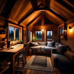 Atmospheric night scene in a timber frame tiny house, showcasing ambient lighting