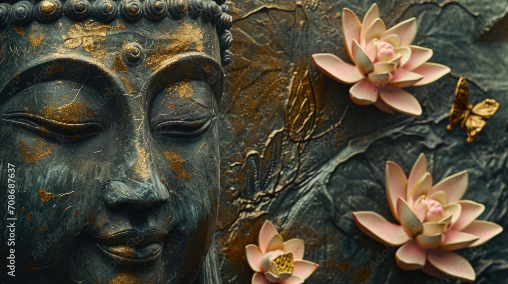 Poster A close-up view of a statue adorned with beautiful flowers. Perfect for adding a touch of elegance to any project or design