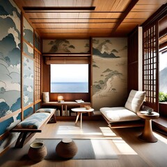 Tranquil reading corner with Japan sea wallpaper and cozy organic wood furnishings