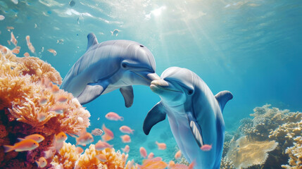 Dolphins frolic in sunlit waters above a vibrant coral reef, a scene of aquatic harmony