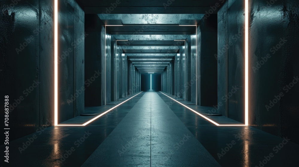 Poster a long hallway with a bright light shining at the end. ideal for illustrating hope, progress, or new
