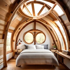 Timber frame tiny house bedroom with a circular window, framed by wooden accents