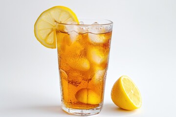 A glass of iced tea with slices of lemon, perfect for a hot summer day. Can be used for beverage advertisements or as a refreshing image for blog posts