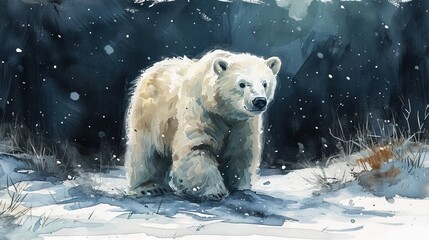 Minimalism and abstract cartoon cute charming polar bear happy. Boho style, vintage watercolor winter's tale. - obrazy, fototapety, plakaty