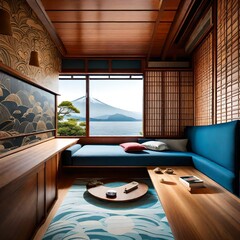 Cozy reading nook surrounded by Japan sea wallpaper and warm wooden textures