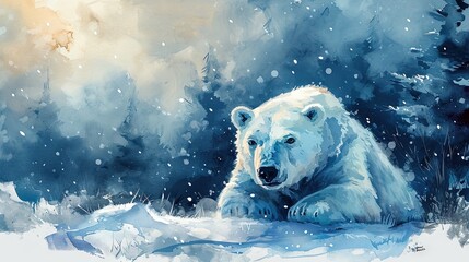 Minimalism and abstract cartoon cute charming polar bear happy. Boho style, vintage watercolor winter's tale. - obrazy, fototapety, plakaty