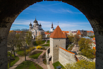 Tallin Estonia Castle view boarder archway postcard image catherdal overlooking city in morning...