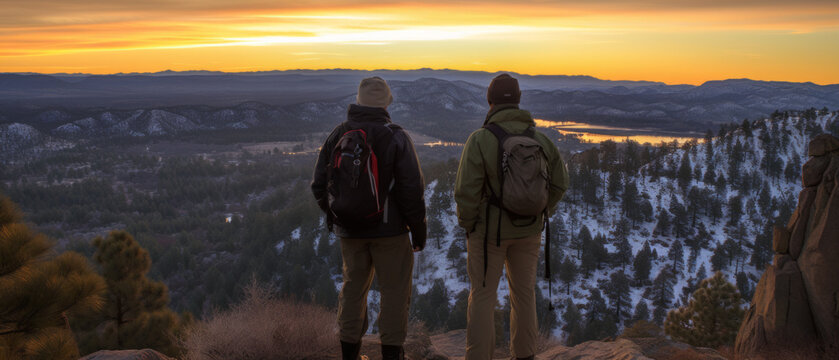 Dramatic image of a two young tourist on a mountain hiking journey, captured at sunrise amidst a misty landscape.