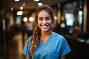 Portrait of a smiling young female nurse - obrazy, fototapety, plakaty