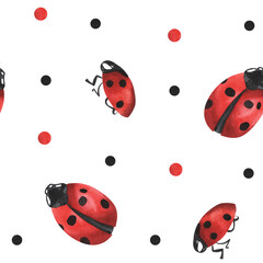 Lady bugs watercolor seamless pattern. Hand drawn red insects on white background. Summer, spring. For textile, fabric, napkins, wallpaper.