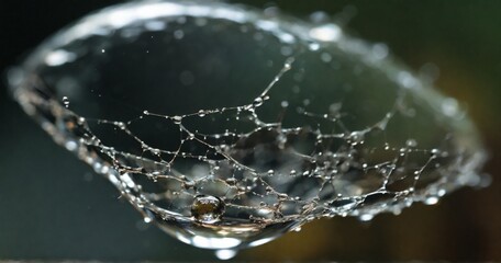 Delve into the delicate balance of a droplet suspended on a fine cobweb. Highlight the intricate architecture of the web and the way the droplet magnifies the details - Generative AI