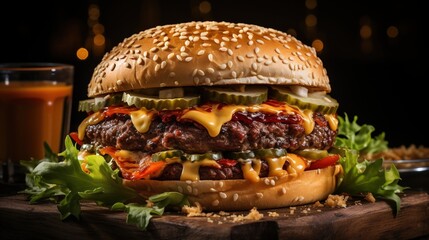 A delicious cheeseburger with pickles and lettuce - obrazy, fototapety, plakaty