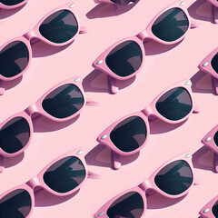 Pink sunglasses pattern on pastel blue background. Minimal summer concept, dynamic shot angle, stock photo