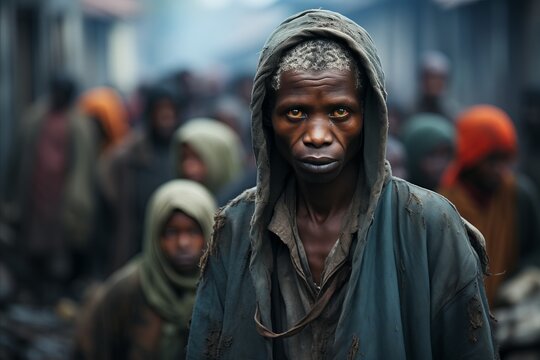 Portrait of an African homeless man in torn clothes