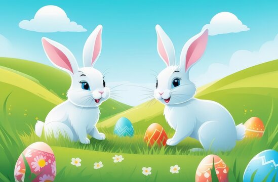 Eggs hunt. Two rabbits hunting Easter eggs on spring field. Holiday illustration of cute cartoon bunnies playing on spring meadow, light green grass, blue sky background