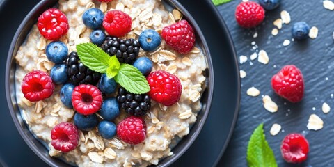 A delicious bowl of oatmeal topped with fresh berries and blueberries. Perfect for a healthy breakfast or snack - obrazy, fototapety, plakaty