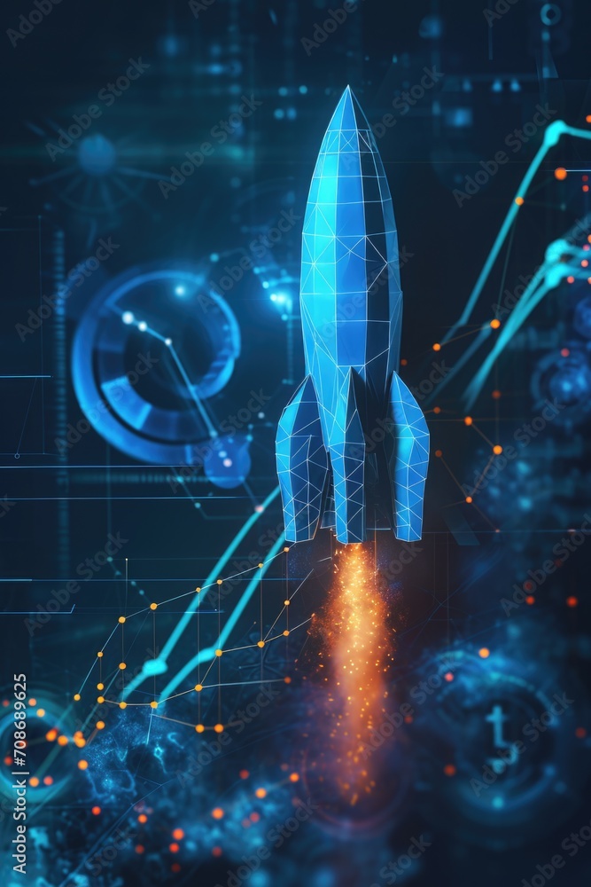 Poster a blue rocket soaring through the sky. suitable for space exploration or futuristic concepts