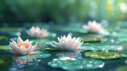 Water lilies floating on a tranquil pond, creating a serene and peaceful floral background for Zen and relaxation-themed designs. [Water lilies floral background for the designer's