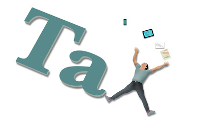 A man passed out from stress forms the letter X in the word tax in a 3-d illustration about calculating and paying income tax.
