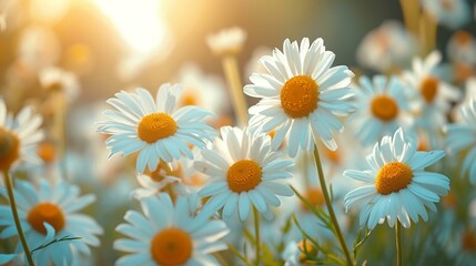 Fototapeta premium Rustic and charming chamomile flowers in a countryside setting, providing a warm and inviting floral background for cozy designs. [Chamomile flowers floral background for the desig