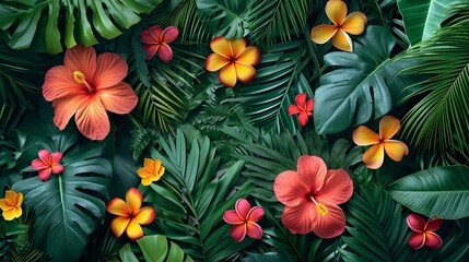 Obraz premium A mix of tropical leaves and flowers, creating a lush and vibrant floral background for designs with a tropical or summer theme. [Tropical leaves and flowers floral background for 