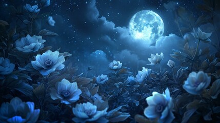 Ethereal and mystical night-blooming flowers with a moonlit glow, forming a magical and enchanting floral background for fantasy designs. [Night-blooming flowers floral background 