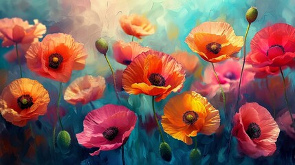 Artistic and abstract poppies in a vibrant color palette, creating a dynamic and expressive floral background for artistic designs. [Abstract poppies floral background for the desi