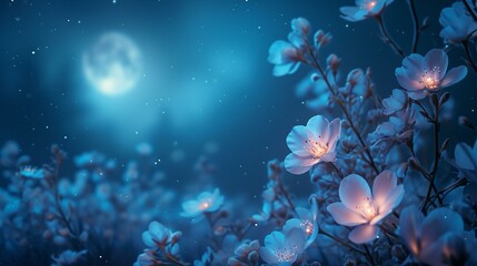 Obraz na płótnie Canvas Ethereal and mystical night-blooming flowers with a moonlit glow, forming a magical and enchanting floral background for fantasy designs. [Night-blooming flowers floral background 